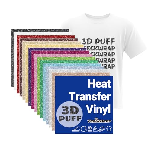 TECKWRAP Glitter 3D Puff Heat Transfer Vinyl, 15 Sheets 12"x10" Iron-on Vinyl Glitter HTV Perfect for Heat Press on T-Shirts, Clothes, Bags, Pillows and More, Compatible with Most Cutter Machines