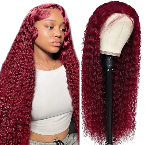 99j Burgundy Lace Front Wigs Human Hair 30 Inch 200 Density 13x6 Deep Wave Lace Front Wigs Human Hair Pre Plucked Red Curly Human Hair Wig HD Frontal Glueless Colored Wet And Wavy Loose Deep Wave