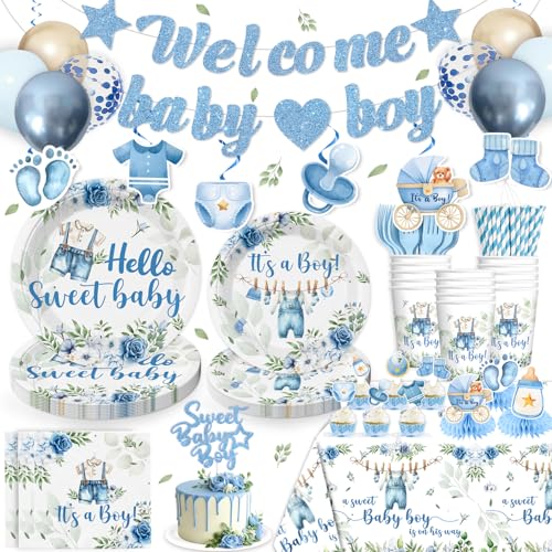cocomigo 213PCS Blue Baby Boy Shower Decorations Tableware Set, 25 Serves Disposable Plates and Napkins Set, with Cake Topper, Centerpieces, Banner, Tablecloth, for Baby Boy Baby Shower Decorations