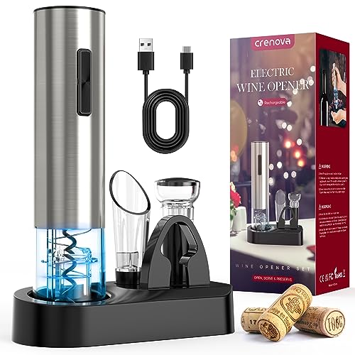 Crenova 6-in-1 Wine Opener Electric Rechargeable Automatic Corkscrew Bottle Opener set with Vacuum Stopper, Aerator Pourer, Foil Cutter, Display Base & USB Charging Cable, Silver, Valentine's Day Gift