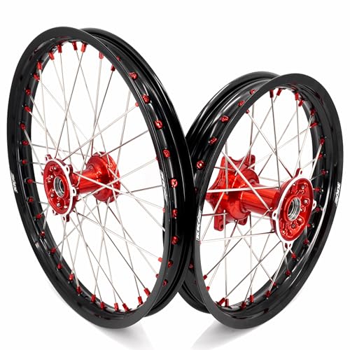 KKE 21/19 MX Cast Motorcycle Dirt bike Wheels Rims Compatible with HONDA CRF250R 2014-2024, CRF450R 2013-2024 Red Hub/Nipple