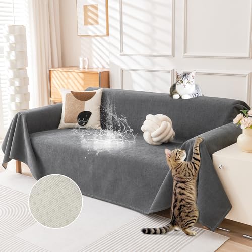 Deep Dream Cat-Scratch Resistant Couch Cover, Waterproof Sofa Cover for 3 Cushion Couch Washable, Pet Friendly Couch Protectors Anti Slip Thickened Love Seat Slipcovers for Dogs Pets, 71" x 118", Grey