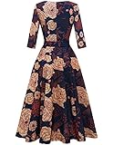 Vintage Tea Dress for Women, 50s Floral Cocktail Party Dresses, Modest Bridesmaid Dress for Wedding Guest, 3/4 Sleeves Formal Aline Church Dress, Fit Flare Prom Dress Navy Yellow Flower S