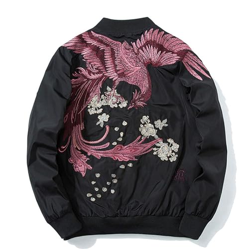 XYXIONGMAO Phoenix Hand Embroidery Personality Japanese hip hop streetwear windbreaker Flight Black Bomber Tactical Jacket (Red, L)