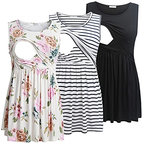 Bearsland Women's Maternity Nursing Tank Tops Sleeveless Scoop Neck Breastfeeding Shirt Pregnancy Clothes,Black&White Stripe&White Flower,XXL