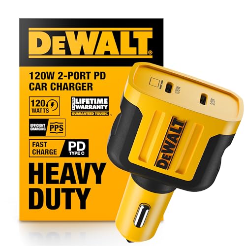 DEWALT Heavy Duty USB C Car Charger, 120W 2-Port PD 3.0 Type C Adapter, PPS Fast Charging with Power Delivery for iPhone 15 14 13 12 11 X XS Pro Max Mini, Galaxy S22/S20/S10, Pixel, iPad/iPad mini