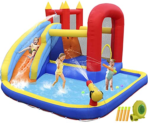 JOYLDIAS Inflatable Water Slide Bounce House,Slide Bouncer Castle Playhouse w/Splash Pool,Jump Area, Climbing Wall,Basketball Hoop,450W Air Blower for Kids Backyard Indoor Outdoor Use,Free Water Gun