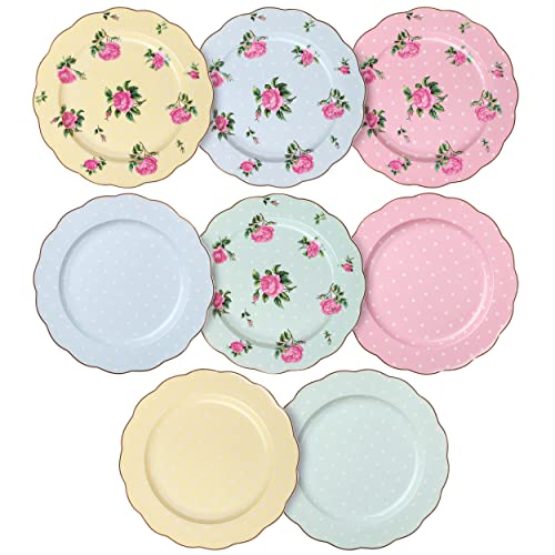 BTaT- Porcelain Floral Plates Set of 8, 8 Inch, Assorted Pastel Colors with Golden Rim, Floral Dessert Plates, Spring Dinnerware, Dishwasher & Freezer Safe