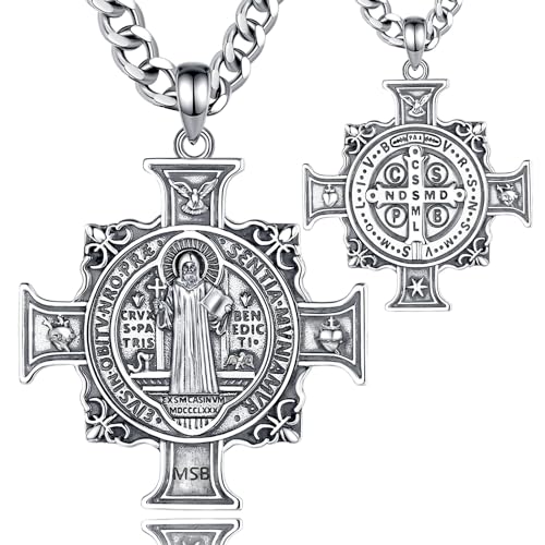 EUDORA S925 Sterling Silver St Benedict Medal San Benito Cross Necklace for Women Men, Vintage Saint Benedict Amulet Pendant Christian Catholic Jewelry Gifts for Women Mens Brother Father, 22"+20"