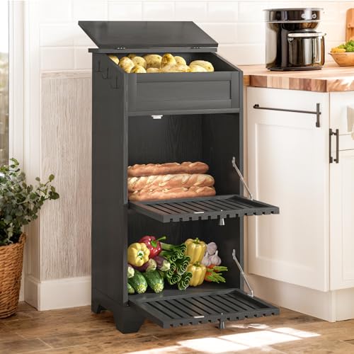 Xyulmeo Onion and Potato Storage Bin Box, Farmhouse Fruit and Vegetable Storage, Small Food Kitchen Pantry Cabinet for Snack, Large Bread Box for Homemade Bread, Black Potato Bins