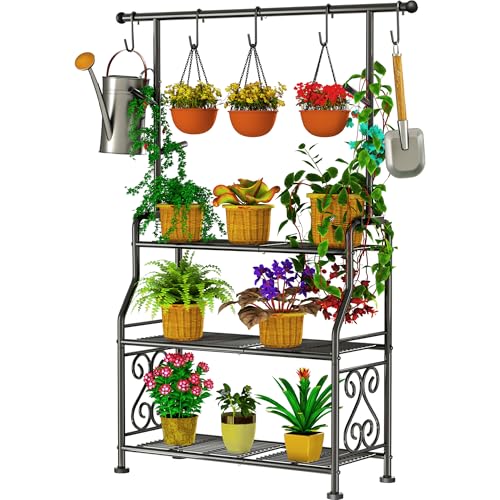 GIOTORENT Outdoor Plant Stand 3-Tier Heavy Duty Metal Shelf for Patio & Indoor Use - Holds 14+ Plants with 5 Hooks, Rust-Proof Plant Holder for Garden, Balcony, Living Room, Black