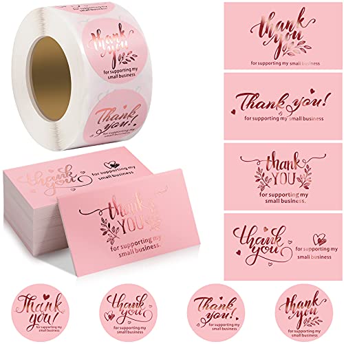 Outus 600 Pieces Thank You for Supporting My Small Business Cards and Stickers Set - Pink Gold Foil Thank You Cards for Retail Store Package Insert Envelope Seals Business Owner Sellers