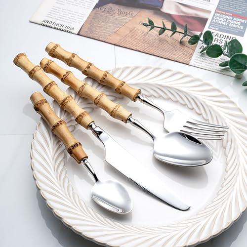 Bamboo Cutlery Sets for 8-32 Piece Natural Flatware Sets,Bamboo Handle Cutlery Sets, Dinnerware Tableware,Mirror Finished (32-Piece for 8)