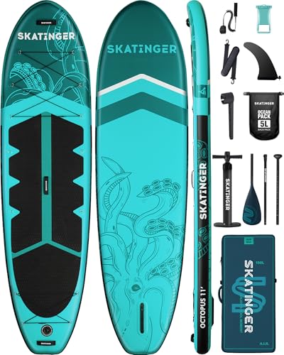 Skatinger 11'x34'' Extra Wide Inflatable Paddle Board, Up to 420lbsPaddle Boards for Adults, Stable Stand Up Paddle Board, 2 People/Family, Wide&Stable, Floating Paddle, Shoulder Strap, US Fin