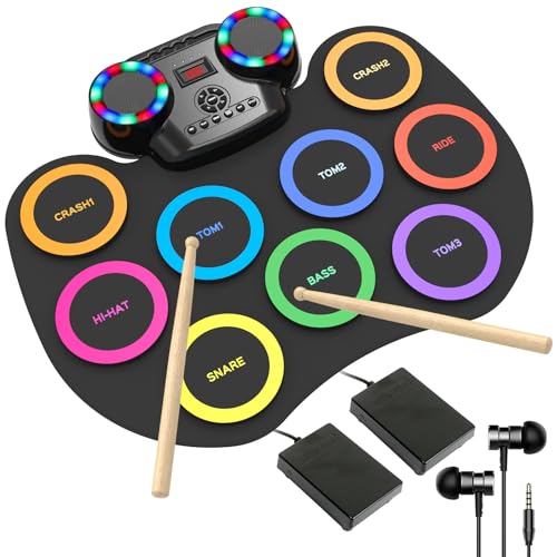 ROCKSOCKI Electronic Drum Set 9Pads with LED Lights, Bluetooth Portable Electronic Drum Kit, Roll-Up Practice Drum Pad, Built-in Dual Speakers, Headphone, Holiday Birthday Gift for Kids