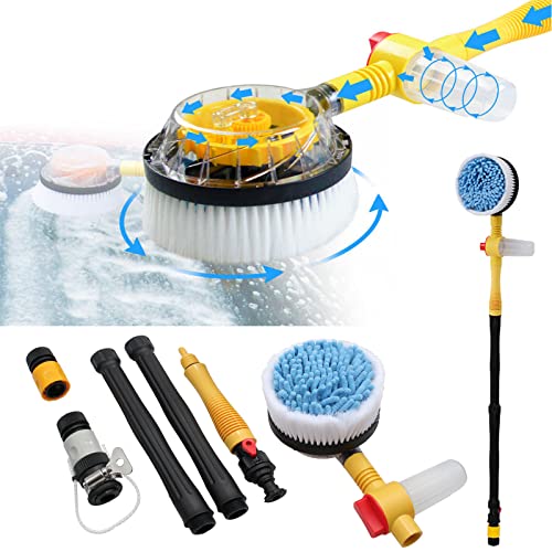 Fochutech Automatic Rotating Car Wash Brush with Soap Dispenser, Soft Chenille Car Washing Brush Spin Mop Garden Hose Brush Foam Spray Gun Exterior Car Cleaning Brush Kit (Detachable Long Handle)