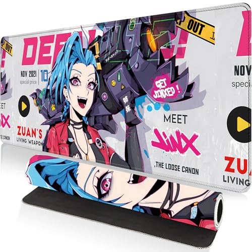 Large Gaming Mouse Pad 31.5 x 11.8 Inches XXL Extended for Mouse and Keyboard Non-Slip and Water Resistant Surface with Anime Cute Girl Design Jinx Ideal for Competitive Gaming League (White Jinx)