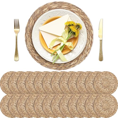 Kochorie Set of 24 Round Woven Placemats 12 Inches Bulrush Placemats Natural Hand-Woven Boho Rattan Placemats Wicker Table Mats Farmhouse Weave Place Mats for Home Dining Table