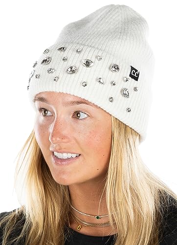 Funky Junque Women's Bedazzled Beanie Rhinestone Knit Winter Hat Sparkly Warm Skull Cap One Size White