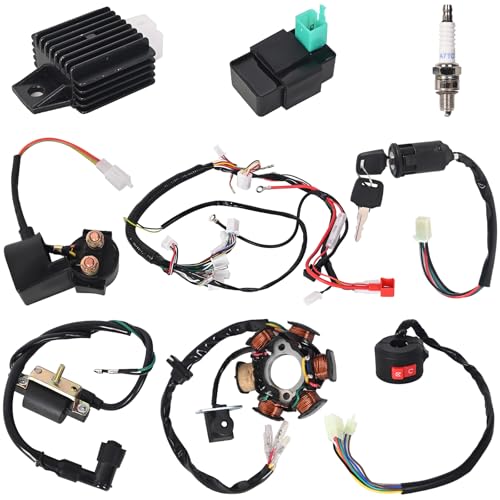 LAXEEM Complete Electrics Wiring Harness Kit, Coil Stator Solenoid Relay CDI Spark Plug for 4 Wheelers Stroke ATV 50cc 70cc 90cc 110cc 125cc Go Kart Pit Quad Dirt Buggy Bike Parts