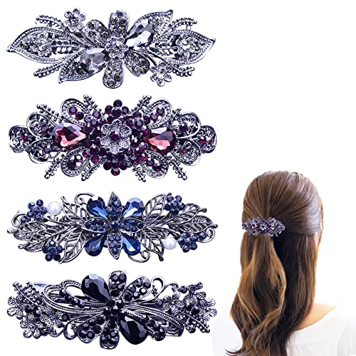 GeoGeoDIY 4 PCS Hair Barrettes for Women Ladies, Flower Crystal Rhinestones Barrettes Pearl Spring Hair Clip Accessories Women Fashion Ponytail Holders Barrettes