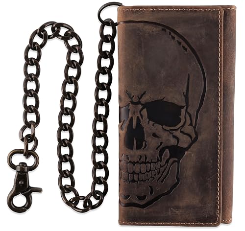 F&L CLASSIC RFID Blocking Mens Tri-fold Long Style Cowhide Leather Steel Chain Wallet,brown distress with skull,212-70