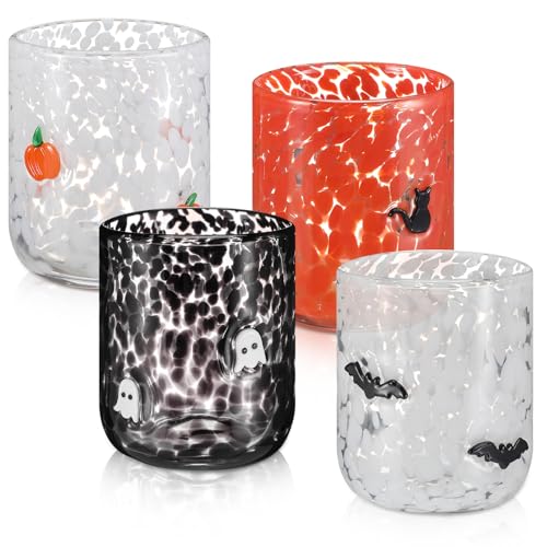 Skylety 4 Pcs Halloween Icon Glass Cups - 16 oz Pumpkin, Ghost, Bat, Cat Icon Juice Glasses Double Old Fashioned Drinking Cups - Ideal for Halloween Party Decoration, Friends Lovely Gifts