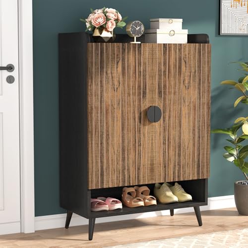 Tribesigns Shoe Cabinet with Doors, 7-Tier Shoe Storage Cabinet with Adjustable Shelves, Wooden Shoes Rack Shoe Storage Organizer for Entryway, Hallway, Closet, Living Room, Rustic Brown