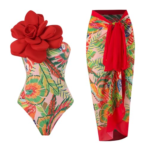 One Piece Swimsuit with Cover Ups Women Push Up Two Pieces Bathing Suit Sexy Flattering Bikini Set Wrap Skirt Cheeky Rash Guard Set Surfing Swimwear Swimshirt Cover Up Skirt Red Flower (2PCS) M