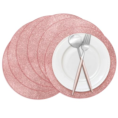 50 Pieces Rose Gold Glitter Paper Place Mats Sparkle 14'' Round Disposable Table Mats Rose Golden Doilies Decorative Placemats for Wedding Banquet Party Home Dining Table Decor