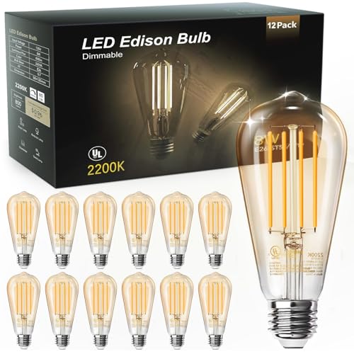 TJOY 12 Pack Vintage 8W ST58 LED Edison Amber Light Bulbs, 60W Equivalent, 800 Lumens, 2200K Soft White, Dimmable, E26 Base LED Filament Bulbs, CRI80+, Antique Glass Style for Home, Bedroom