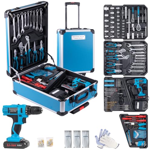 346 Pcs Tool Sets,18V Electric Power Drill Set, Cordless Drill for Men, Household Home DIY Hand Tool Kits,18+1 Clutch Cordless Power Drill Set for Thanksgiving, Christmas,Father's Day (Blue)