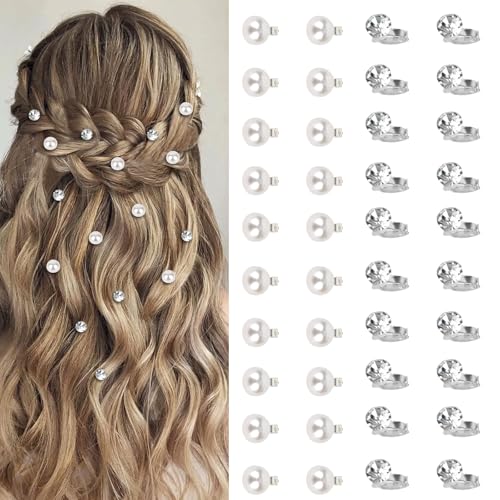 YISSION 40 Pcs Mini Rhinestone Hair Clips Tiny Pearl Hair Clips Decorative Hair Clips Sparkly Crystal Hair Pins Silver White Hair Clips Wedding Bridal Hair Accessories for Girls Women