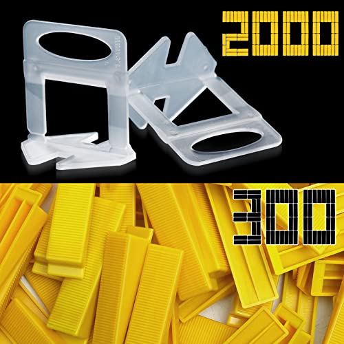 Tile Leveling System Clips 1/16" 2000 Piece Tile Spacers Clips and 300-Piece Reusable Yellow Wedges for Tiles. Tile Tools Set for Professional Ceramic and Stone Installation