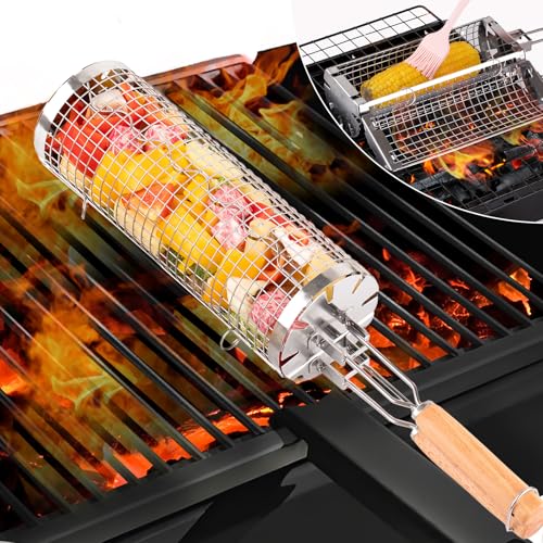 Rolling Nesting Grill Baskets, Side-Opening Design, Father's Day Gifts, Birthday Gifts for Men Husband Dad, BBQ Accessories Tools for Vegetables Shrimp Meat and More, Outdoor Cooking Camping