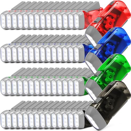Treela 60 Pack Hand Crank Flashlight Bulk Squeeze Flashlight No Battery Required Torchlight with 3 LED Self Powered Charging Torch Dynamo for Camping Hiking Emergency(Gray, Green, Blue, Red)