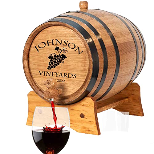 Personalized 5 Liter Oak Wine Barrel (1 gallon) with Stand, Bung, and Spigot | Age Cocktails, Bourbon, Whiskey, Beer and More! | Engraved Custom Wine Barrel (V16) Design