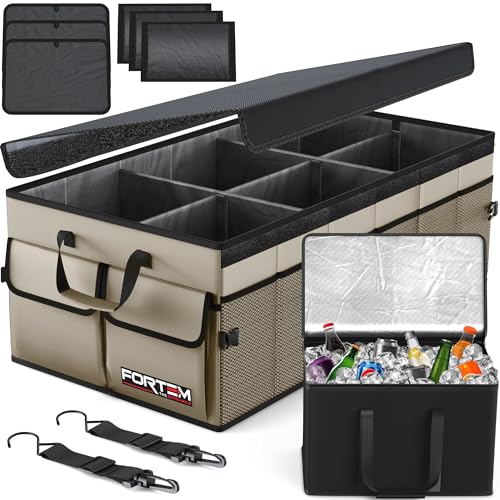 FORTEM Car Trunk Organizer with Cooler, Collapsible Multi Compartment SUV Organizer, Foldable Storage for Car Accessories for Women Men, 600D Oxford, Non Slip Bottom, Securing Straps Soft Cover (105L)