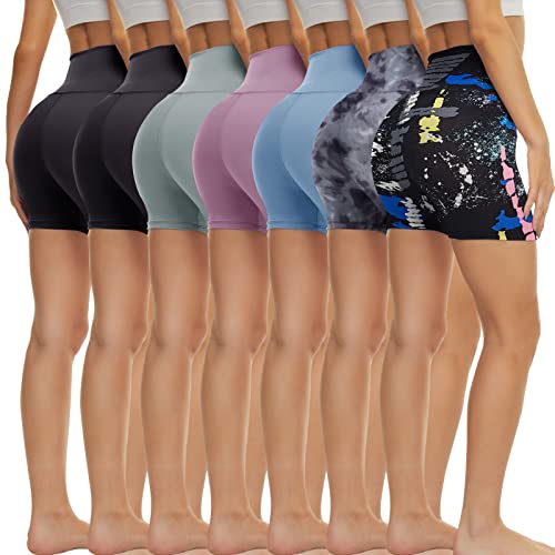 TNNZEET 7 Pack Biker Shorts for Women - 5''/8''/3'' High Waisted Workout Tummy Control Spandex Gym Shorts for Yoga Athletic