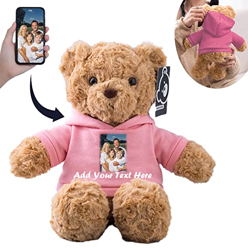 Personalized Teddy Bear Stuffed Animal, Stuffed Bear Plush Toys with Customized Text Image as Personalized Gifts for Girlfriend Boyfriend on Birthday, 11 inch Pink