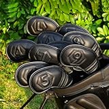 Golf Iron Covers Set 10 Pcs Magnetic Golf Iron Headcovers Classic Black PU Leather Easy Off/On Protective Cover