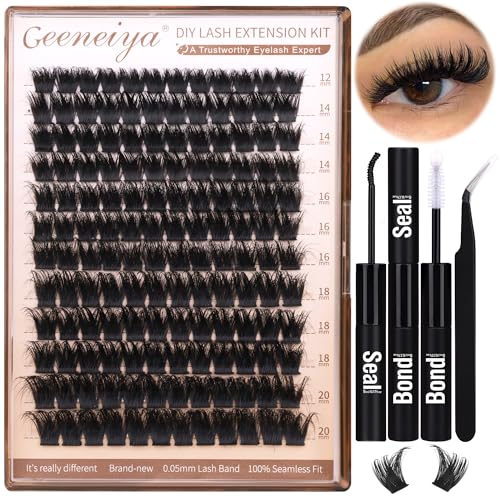 Geeneiya 200D Fluffy Lash Clusters Kit Thick Lash Extension Kit 10-20mm Wispy Cluster Eyelash Extensions Individual Eyelashes Kit with Waterproof Lash Bond and Seal DIY Lashes Applicator for Beginners