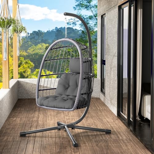 LEVELEVE Egg Chair with Stand,Patio Rattan Wicker Hanging Swing Egg Chair Hammock Chair for Bedroom Porch Garden,Thickened Aluminum Alloy Steel Frame and UV Resistant Cushion,350LBS Capacity(Grey)