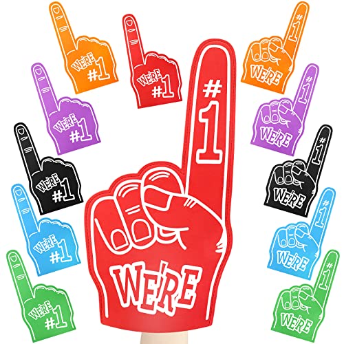 Wettarn 12 Pcs Giant Foam Finger 18 Inch We're Number 1 Universal Foam Hand Bulk for School Items Sports Events Football Games Cheerleading Equipment (Red, Blue, Green, Orange, Purple, Black)