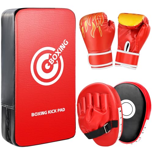 3-in-1 Boxing Gloves Punching Mitts Kick Pack Set for Kids, Curved Boxing Mitts Focus Pads, Adjustable Taekwondo Kick Pad, Gloves for Kicking Karate Kickboxing Muay Thai MMA Training