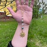 Sun Hanging Car Charm,Green and Gold Rear View Mirror Accessories Cute Boho Dangling Sun Car Decor Handmade Healing Crystals Stones Ornament Gifts for Women Men (Green)