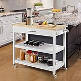 Yaheetech 40" Width Kitchen Island Cart on Wheels, 3 Tiers Rolling Utility Cart with Solid Wood Top and Drawer & 2 Spacious Storage Shelf, Serving Trolley for Dining Room, White