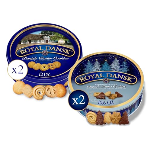Royal Dansk Holiday Cookie 4 Pack, Exclusive Amazon Multipack of Original Danish Butter Cookies, Festive Tins for Christmas Gifts, Made with Real Butter, Non-GMO Ingredients