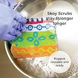 Skoy Scrub, 4-Pack Reusable, Non-Scratching Dish Scrubber for Kitchen and Household Cleaning, Planet-Friendly, Dishwasher Safe Soft Scrub, Assorted Colors and Designs