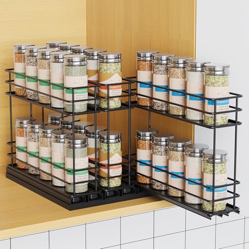 Mystozer Pull Out Spice Rack Organizer for Cabinet, Slide Out Spice Racks, Easy to Install, 2.1''Wx10.35''Dx8.26''H, 3 Drawers 2 Tiers(Black)